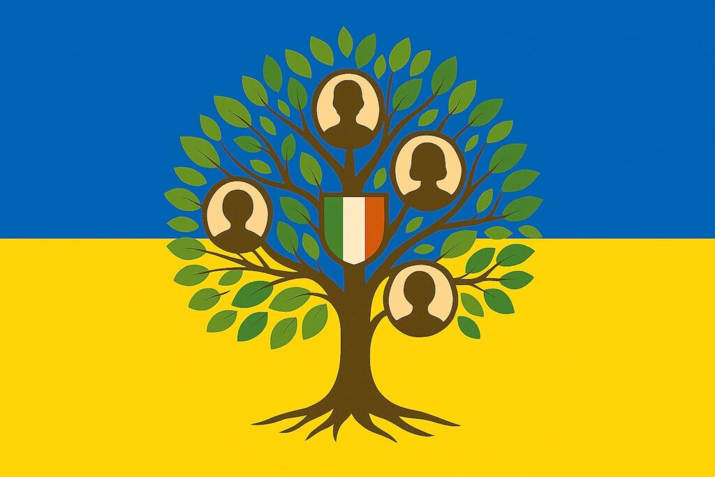 ілюстрація родинного дерева на фоні прапорів України та Італії, що символізує походження та право на отримання італійського громадянства