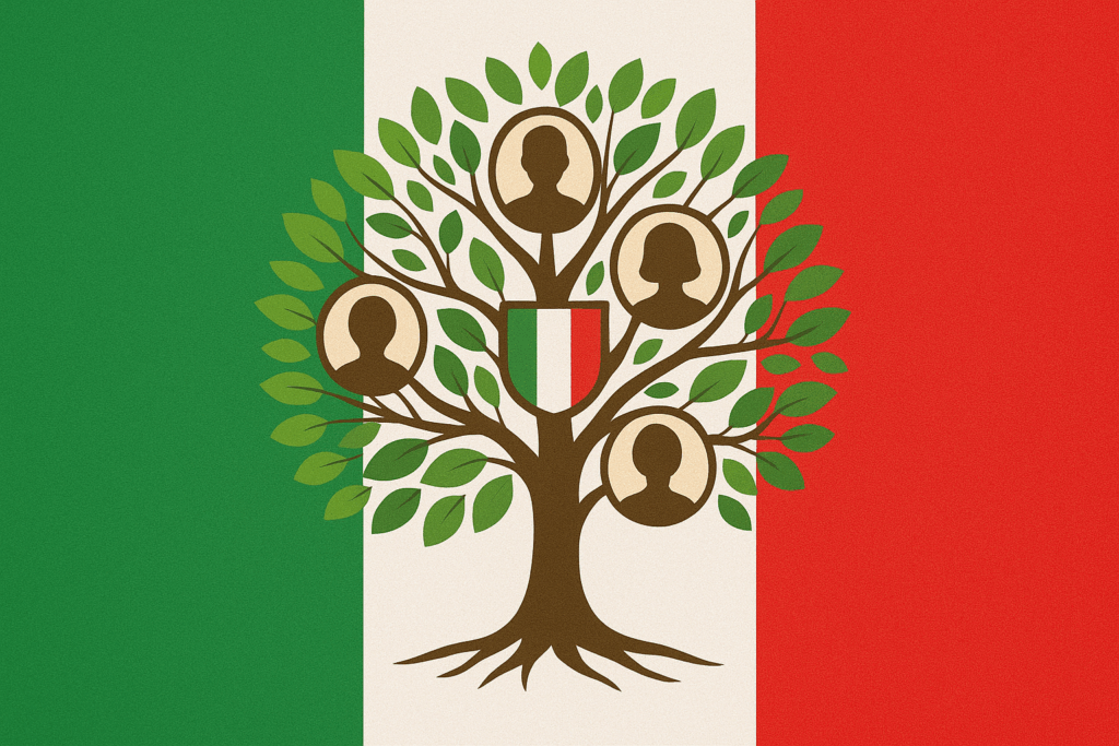 lustrazione di un albero genealogico sullo sfondo delle bandiera dell’Italia, che simboleggia le origini e il diritto ad ottenere la cittadinanza italiana.